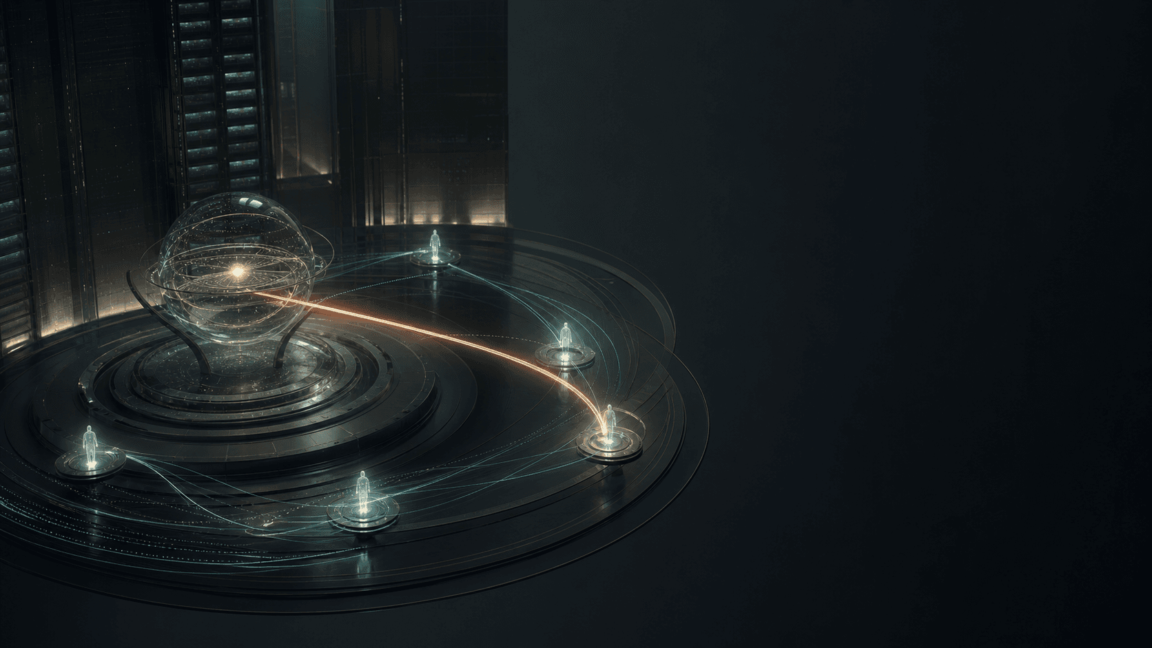 A quiet network archive with abstract human-shaped lights around a central knowledge sphere.