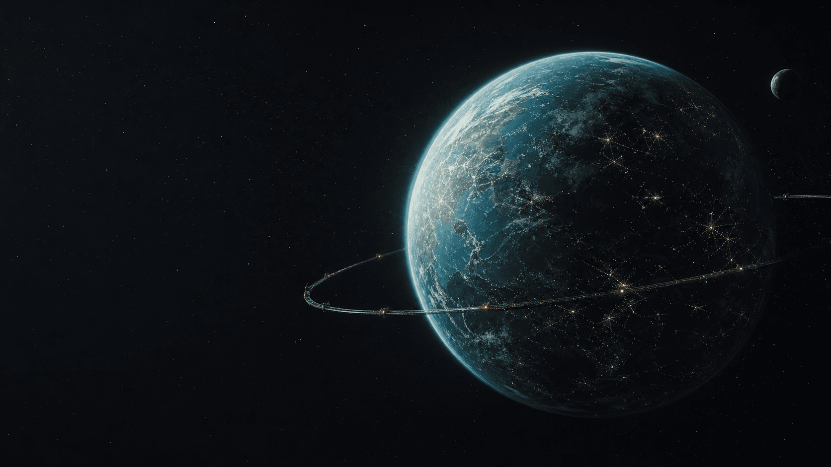 A blue planet with an orbital ring and distant moon against a dark star field.